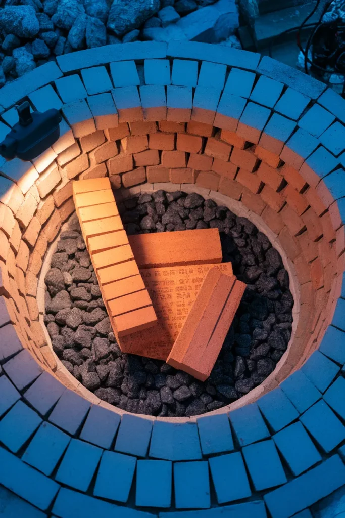 Brick fire pit build showing firebrick liner, face brick wall and lava rock base