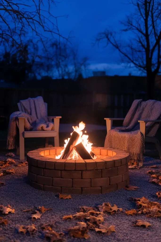 Brick fire pit burning on a late fall evening with blankets and fallen leaves