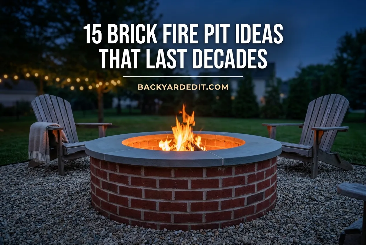 Brick fire pit ideas pin, glowing brick fire pit at dusk with bold overlay title