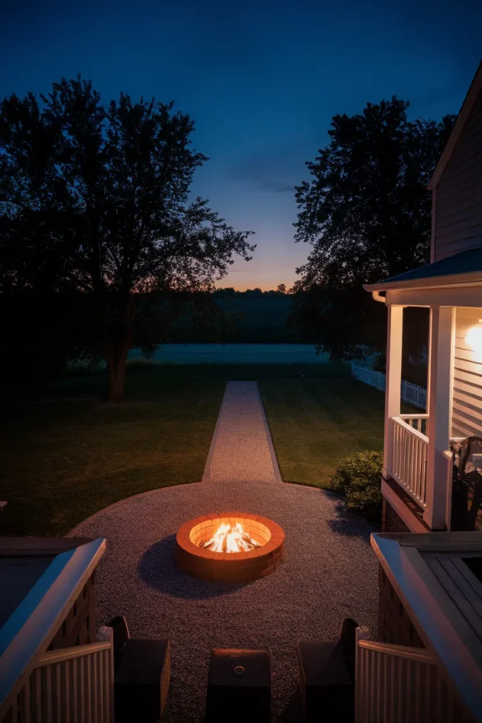 Brick fire pit placed a safe distance from the house with a clear gravel apron