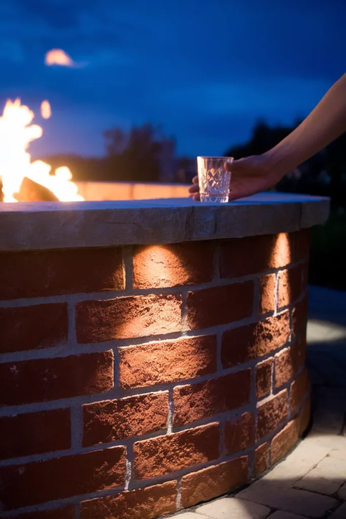 Brick fire pit wall detail showing three courses and a wide bluestone cap