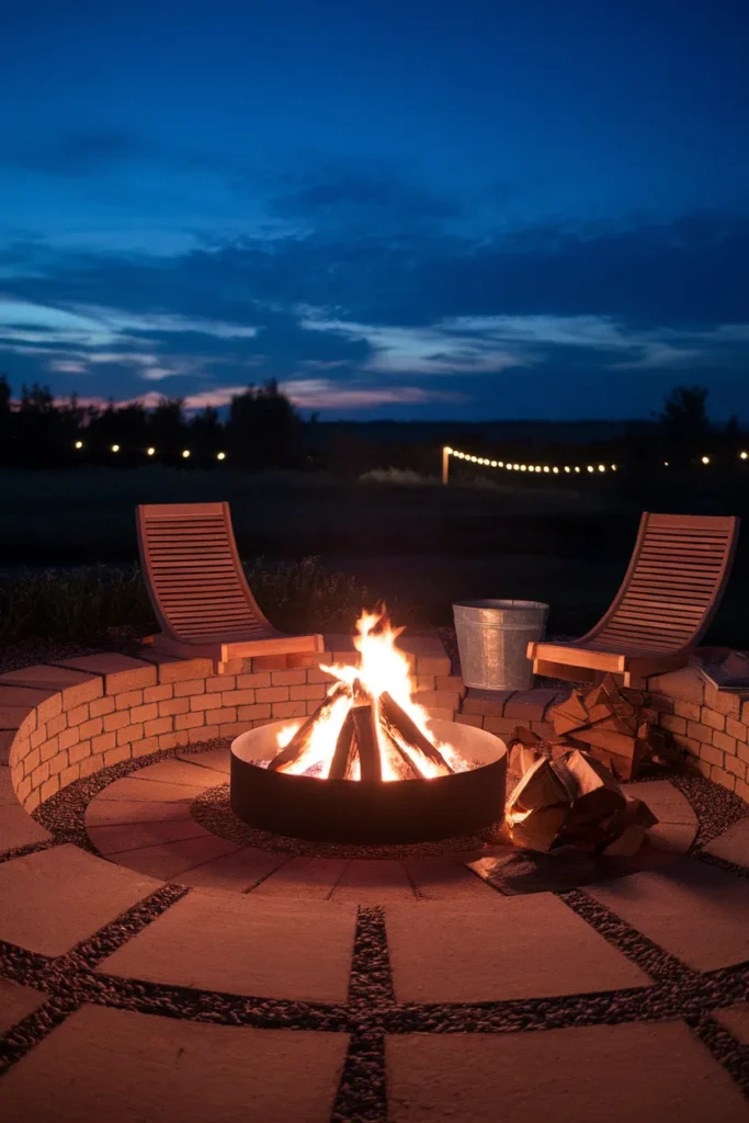 Brick fire pit with steel ring insert and gravel apron with lounge seating
