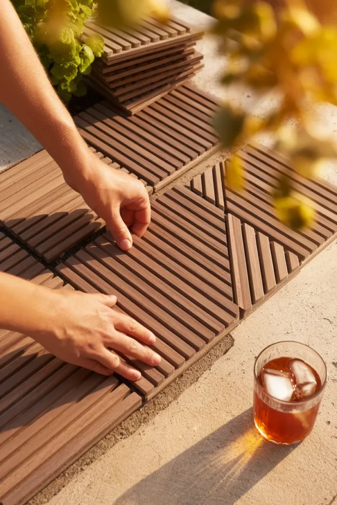 Budget deck ideas off back of house hands snapping interlocking deck tiles over concrete