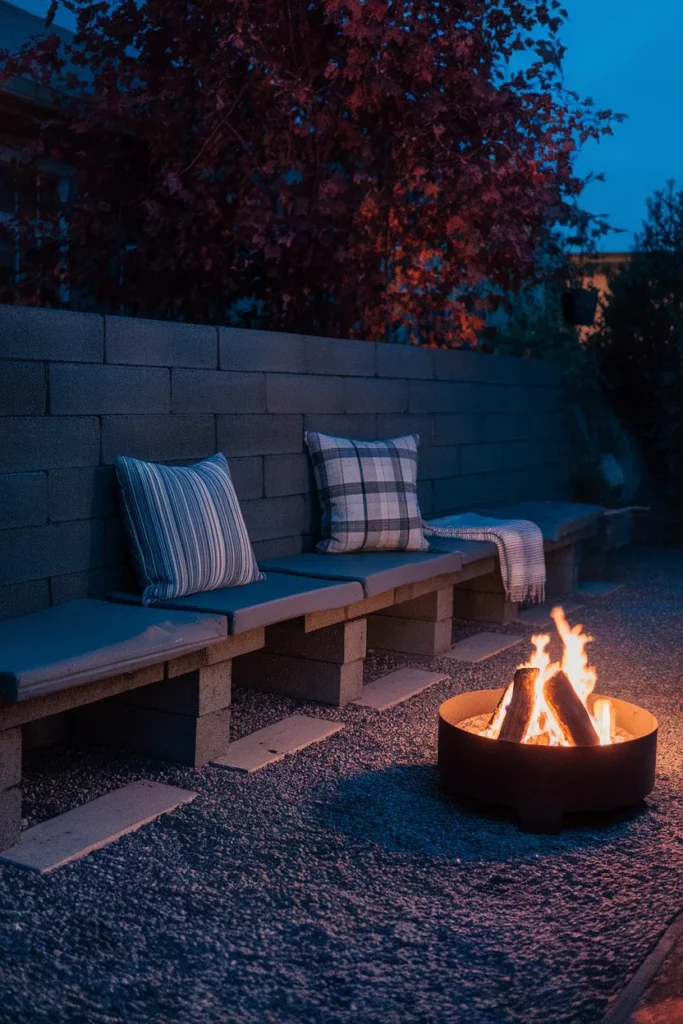 Budget fire pit bench built from painted concrete blocks and timber beams