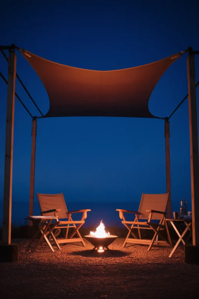 Budget fire pit pergola setup with shade sail frame and portable propane bowl at dusk