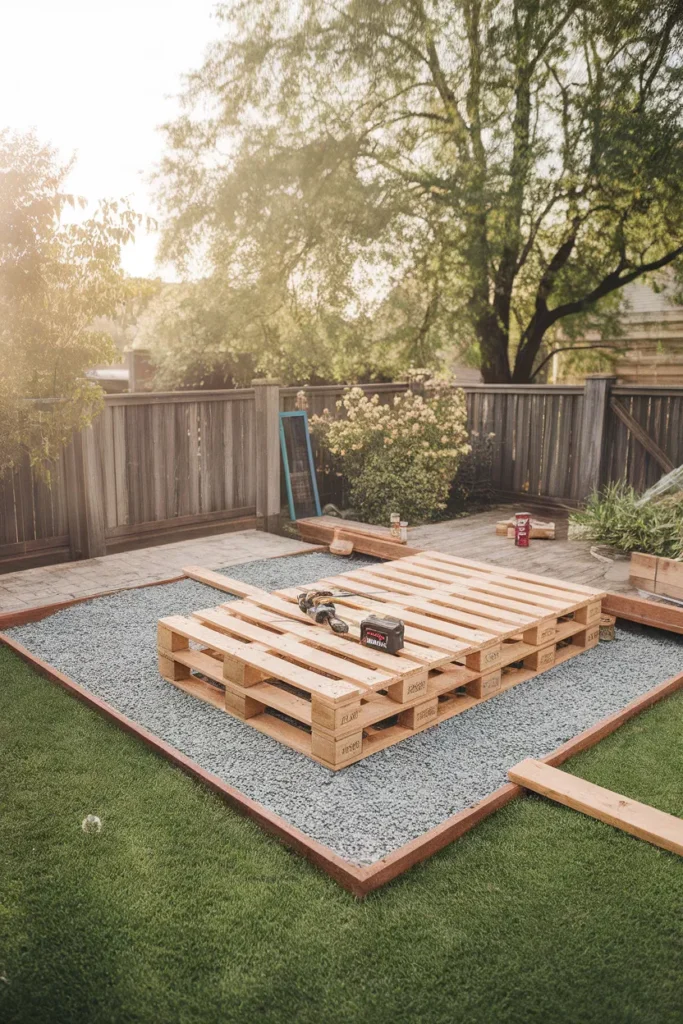 Budget pallet floating deck build in progress on a gravel base