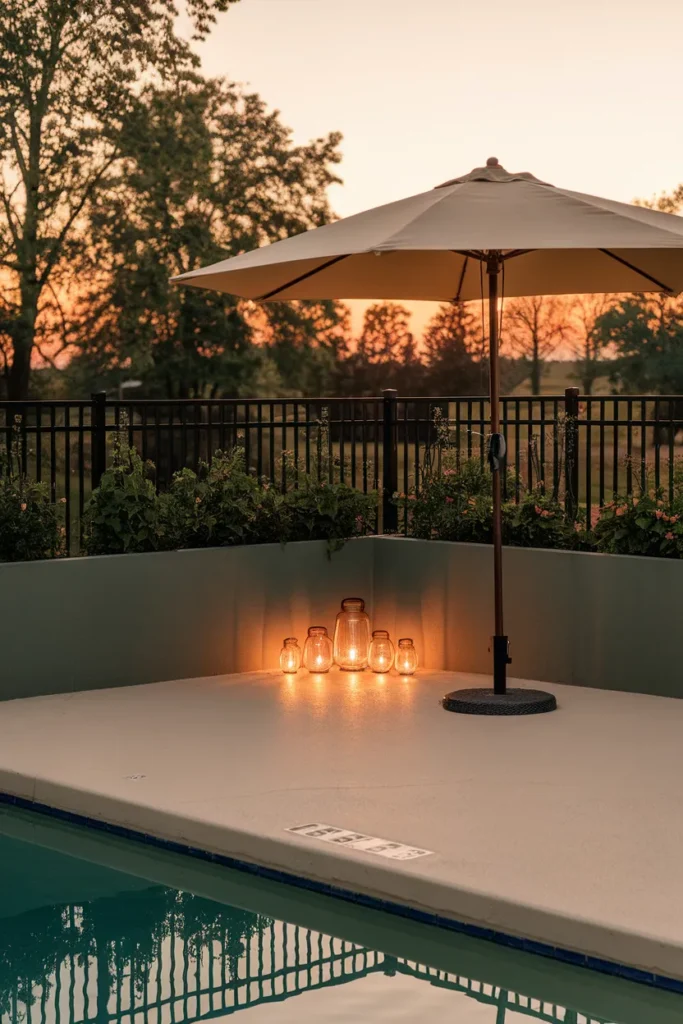 Budget pool patio ideas stained slab, oversized umbrella, lantern cluster, and slim fence at dusk