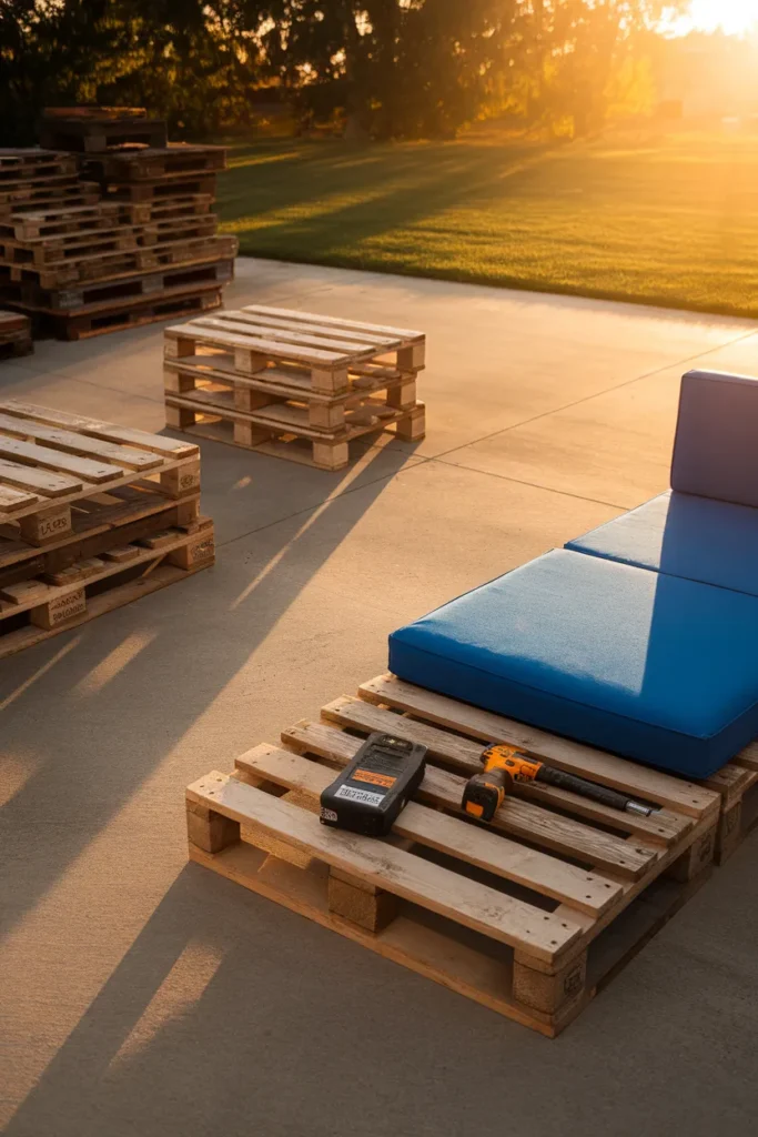 Building outdoor pallet furniture showing materials cost and a half-finished sectional