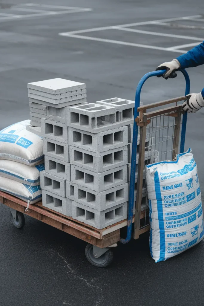 Cart loaded with cinder blocks and cap blocks for a DIY fire pit build