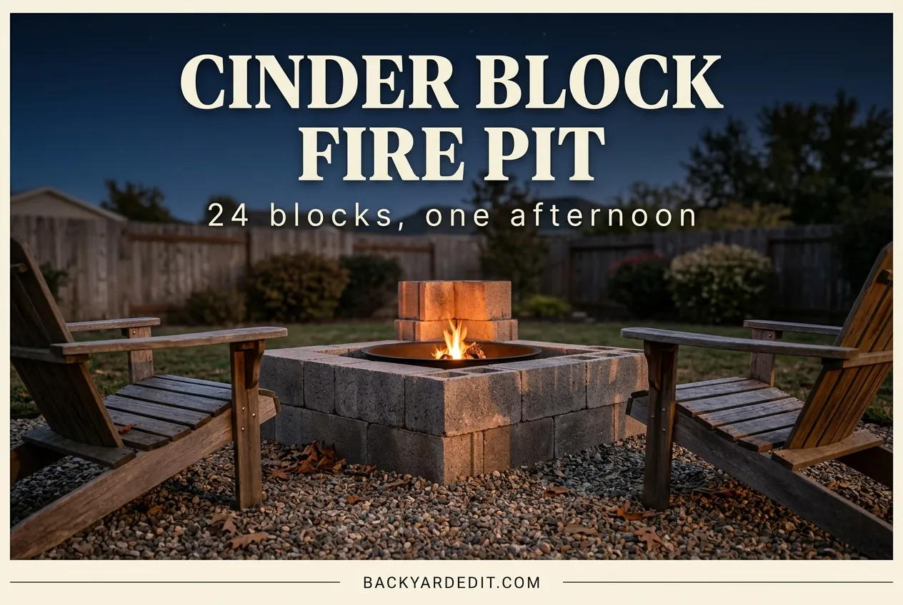 Cinder block fire pit burning at dusk with bold overlay text reading 24 blocks, one afternoon
