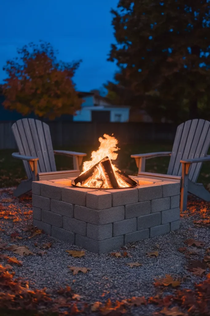 Cinder block fire pit burning at dusk with two Adirondack chairs on a gravel apron