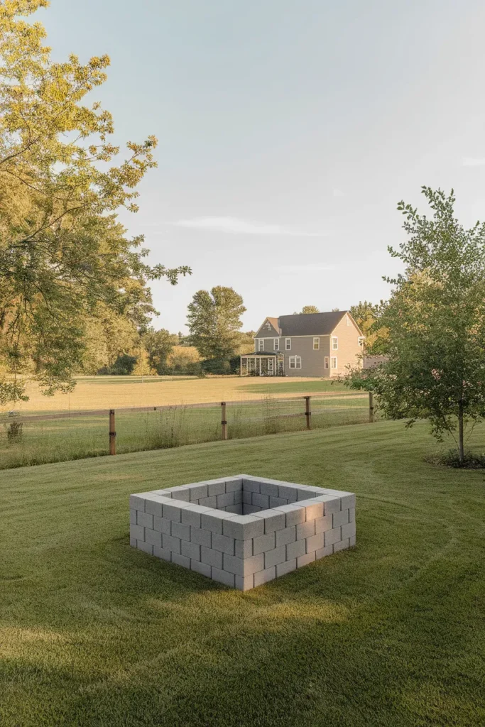 Cinder block fire pit placed well away from the house with clear overhead space