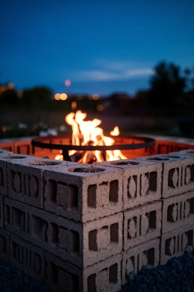 Cinder block fire pit wall detail showing gravel-filled cores and a steel fire ring liner