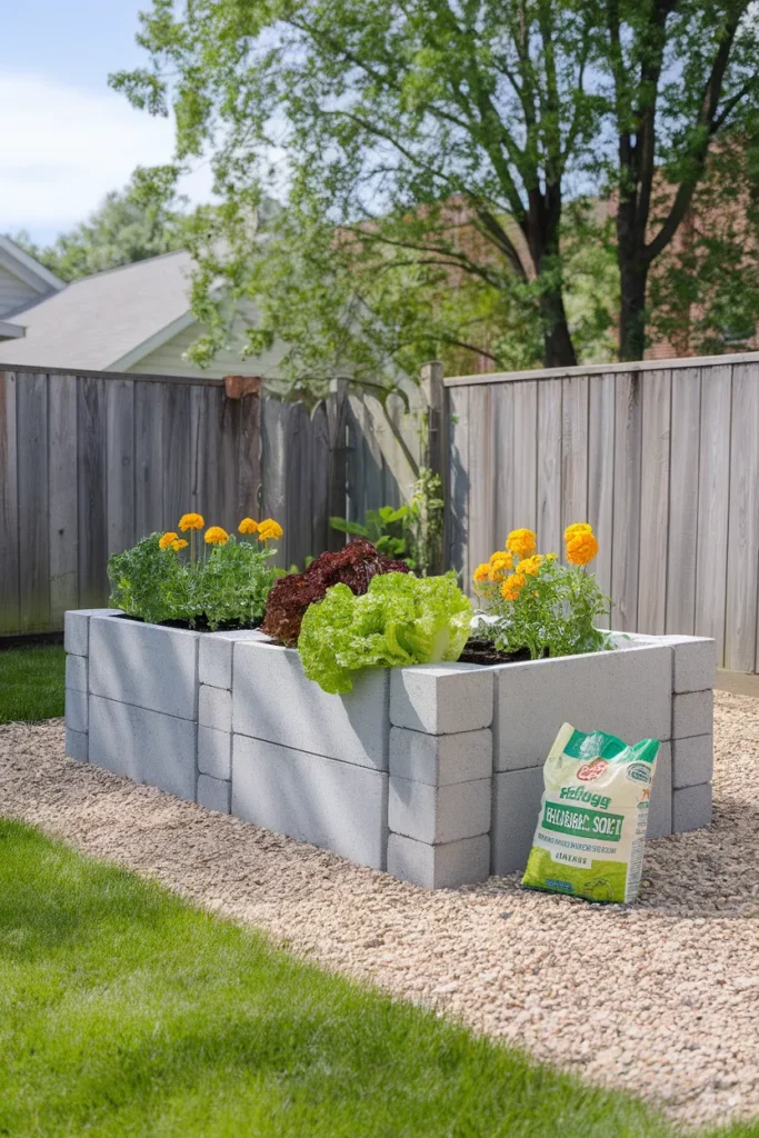 Cinderblock raised garden bed built from 8x8x16 blocks planted with lettuce and marigolds