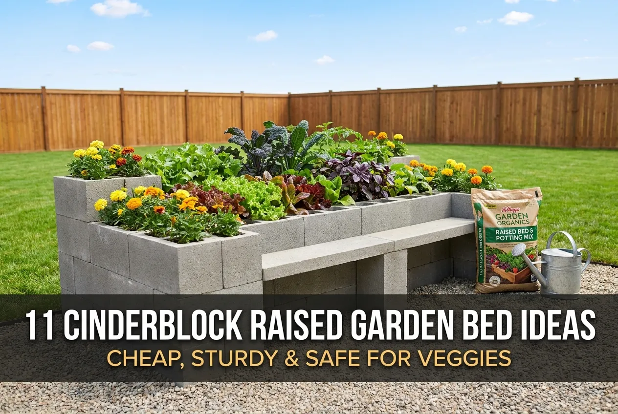 Cinderblock raised garden bed ideas pin with lettuce, kale, and marigolds