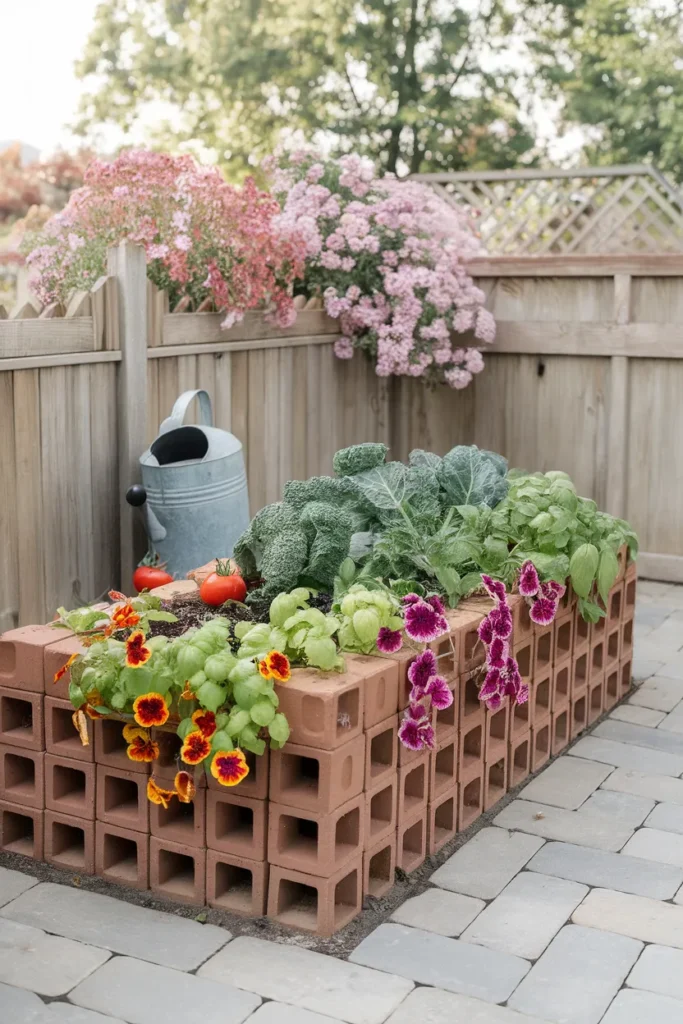Cinderblock raised garden bed ideas with cap-block bench and cavity plantings