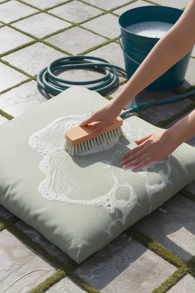 Cleaning outdoor furniture cushions with a soft brush and soapy water