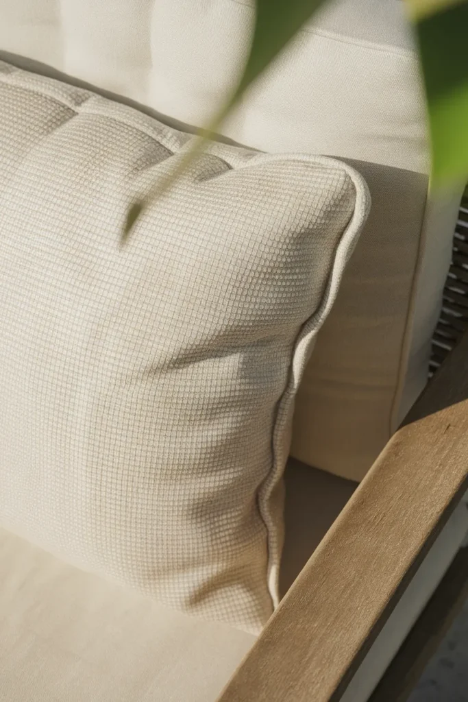 Close-up of outdoor cushion fabric weave lit by direct midday sun