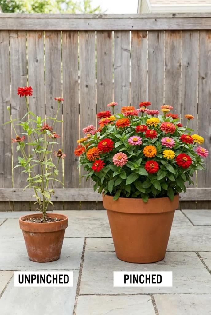 Common cut flower container garden mistakes shown as small leggy pot versus full pot