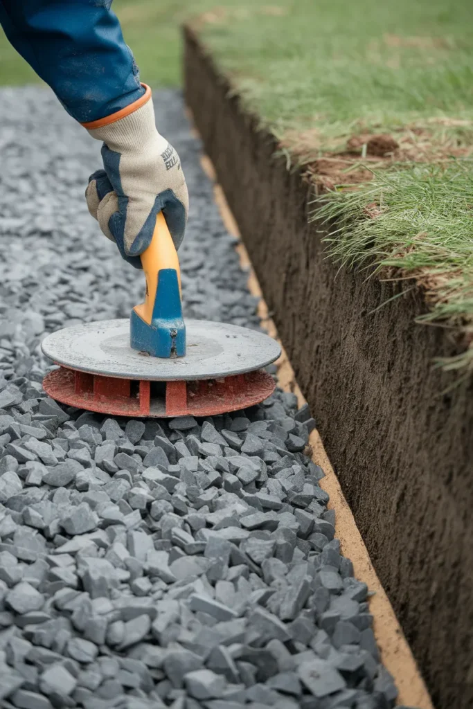 Compacting a gravel base for a fire pit on sloped yard using a plate compactor
