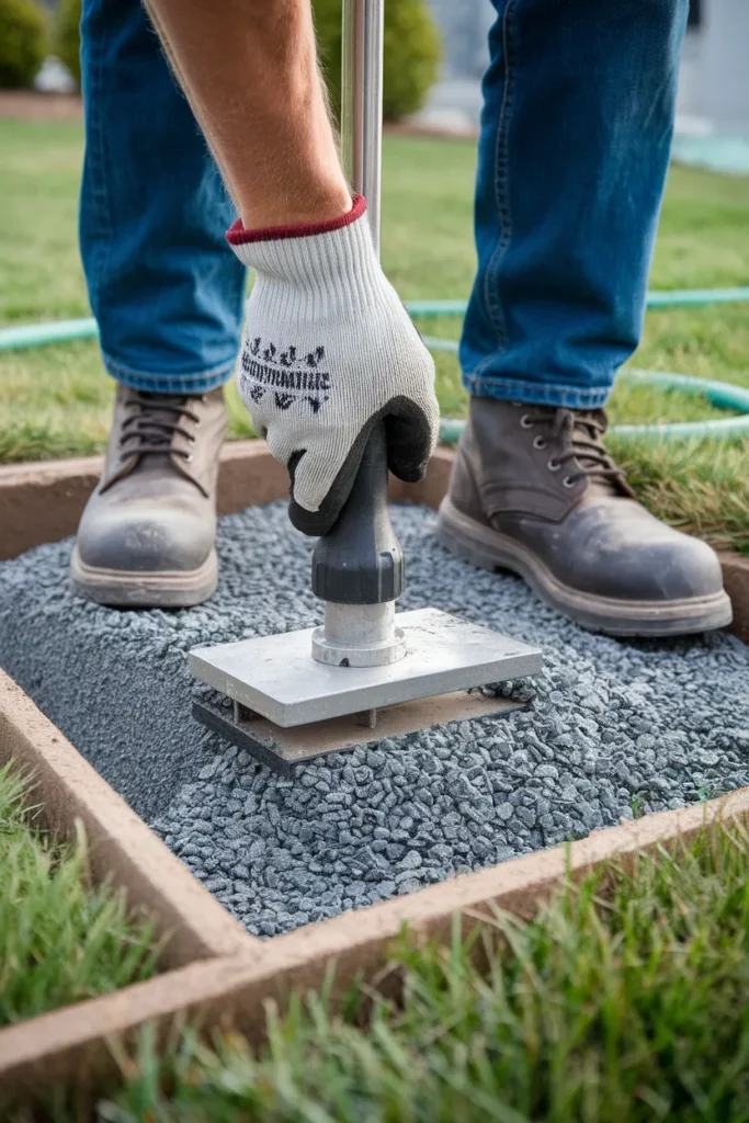 Compacting a gravel base with a hand tamper before building a cinder block fire pit
