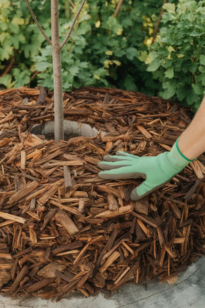 Correct mulch depth for low maintenance front yard landscaping, pulled back from the trunk