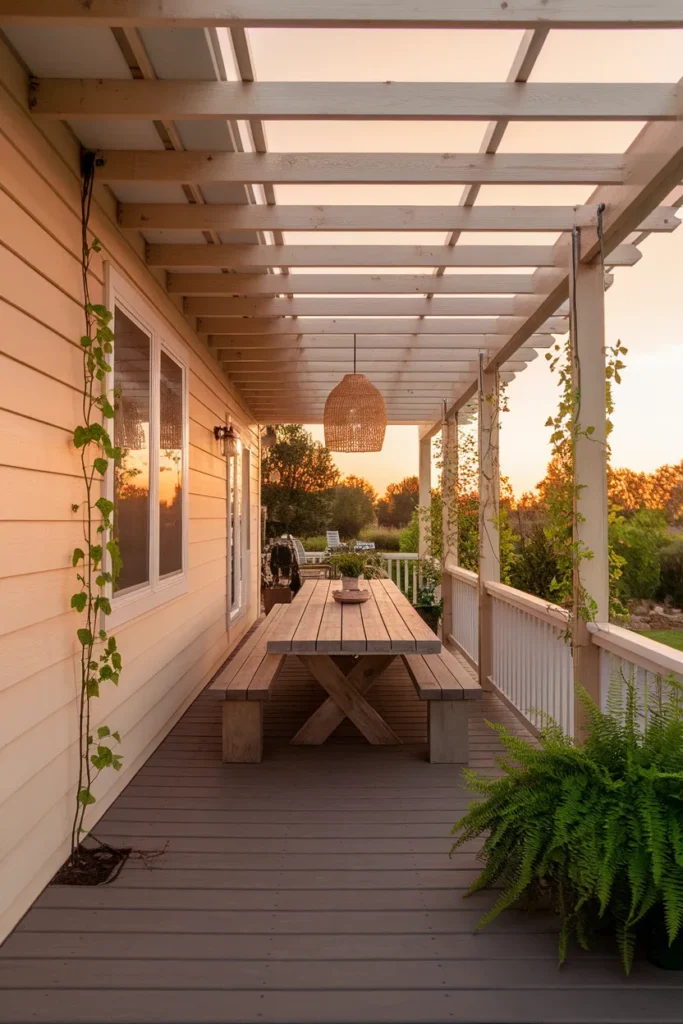 Covered deck ideas off back of house with an attached cedar pergola and climbing vines
