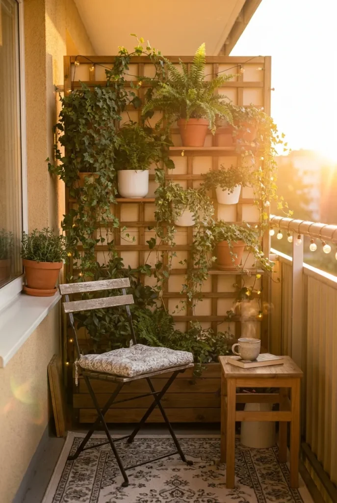 Cozy styled vertical balcony garden with bistro chair and string lights at golden hour