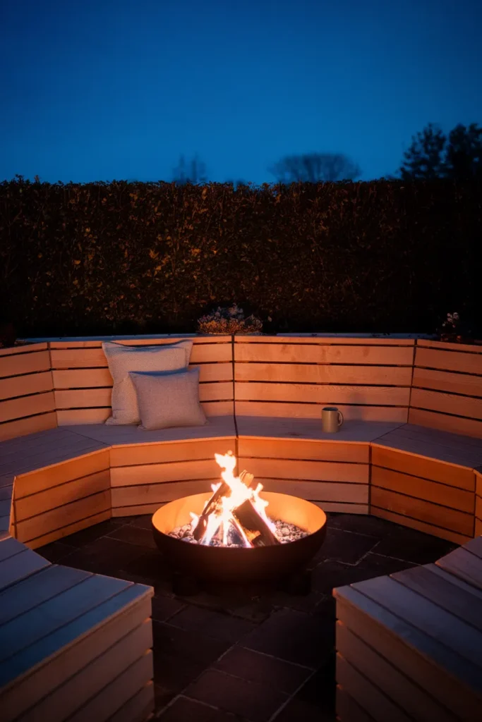 Curved fire pit bench built from three angled cedar sections around a lit pit