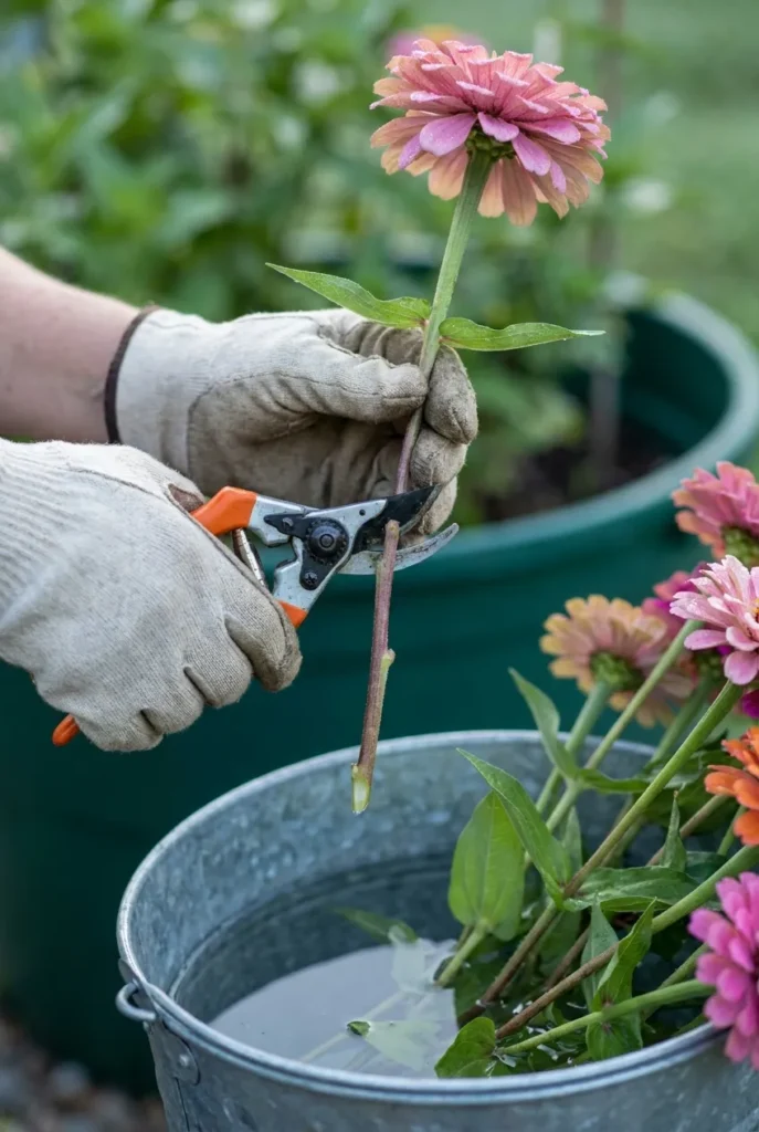 Cutting a zinnia stem for longest vase life in a cut flower container garden