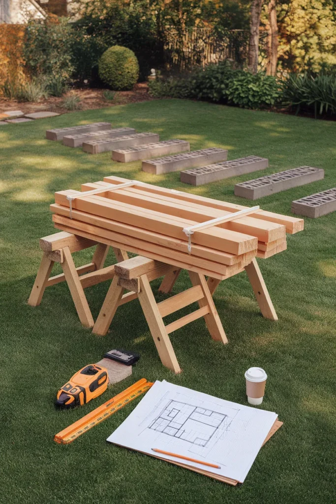 DIY floating deck plans on graph paper with lumber, tape measure, and deck blocks