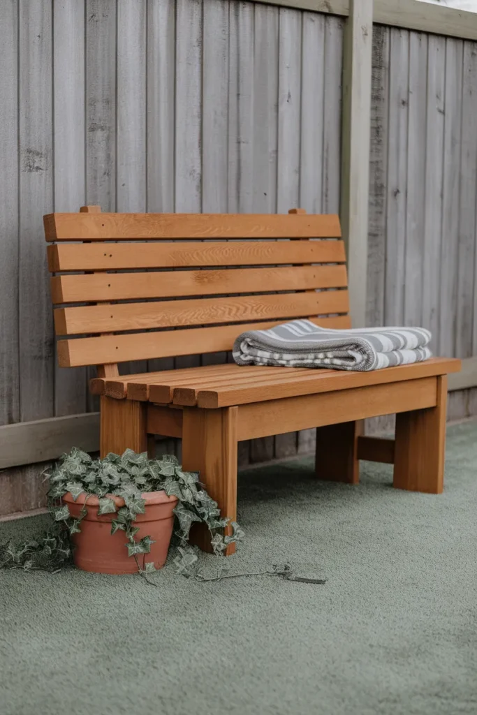 DIY outdoor furniture bench built from 2x4 lumber with honey stain against a fence
