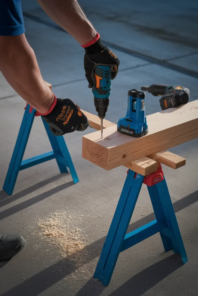 DIY outdoor furniture build in progress, driving a screw into a 2x4 bench frame