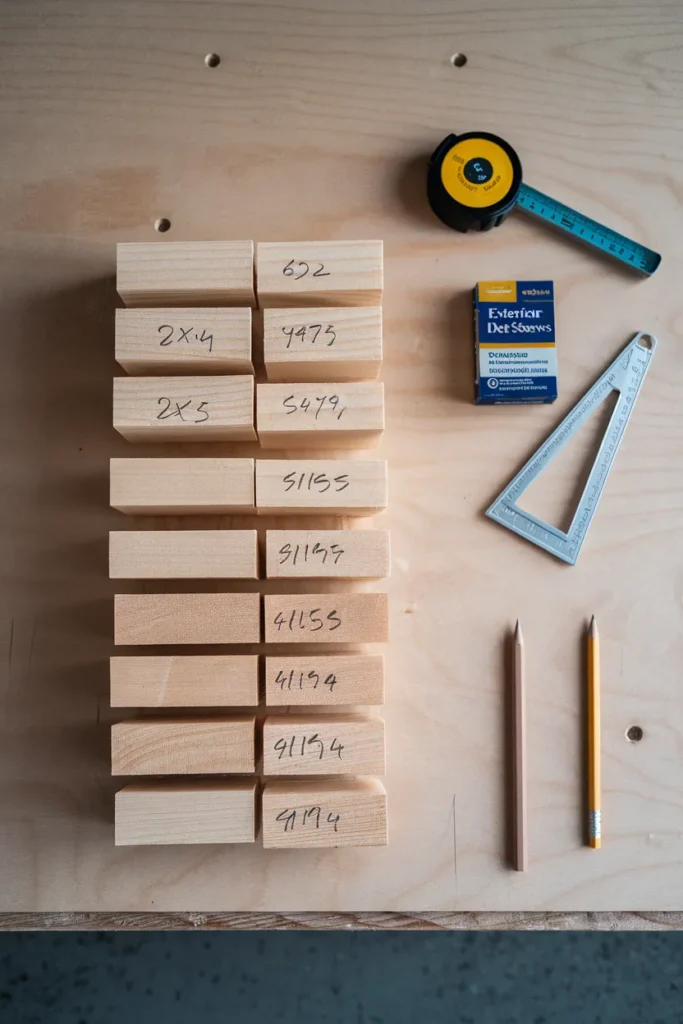 DIY outdoor furniture cut list sorted into stacks of 2x4 pieces on a workbench