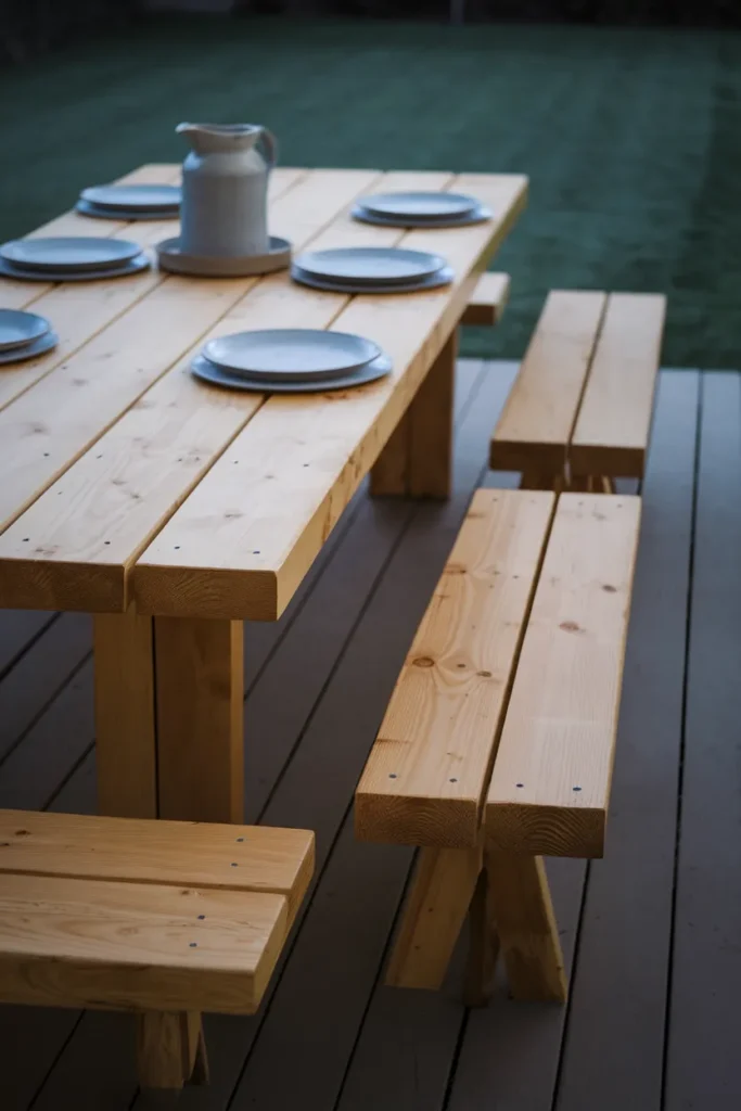 DIY outdoor furniture dining table built from 2x4 boards with drainage gaps