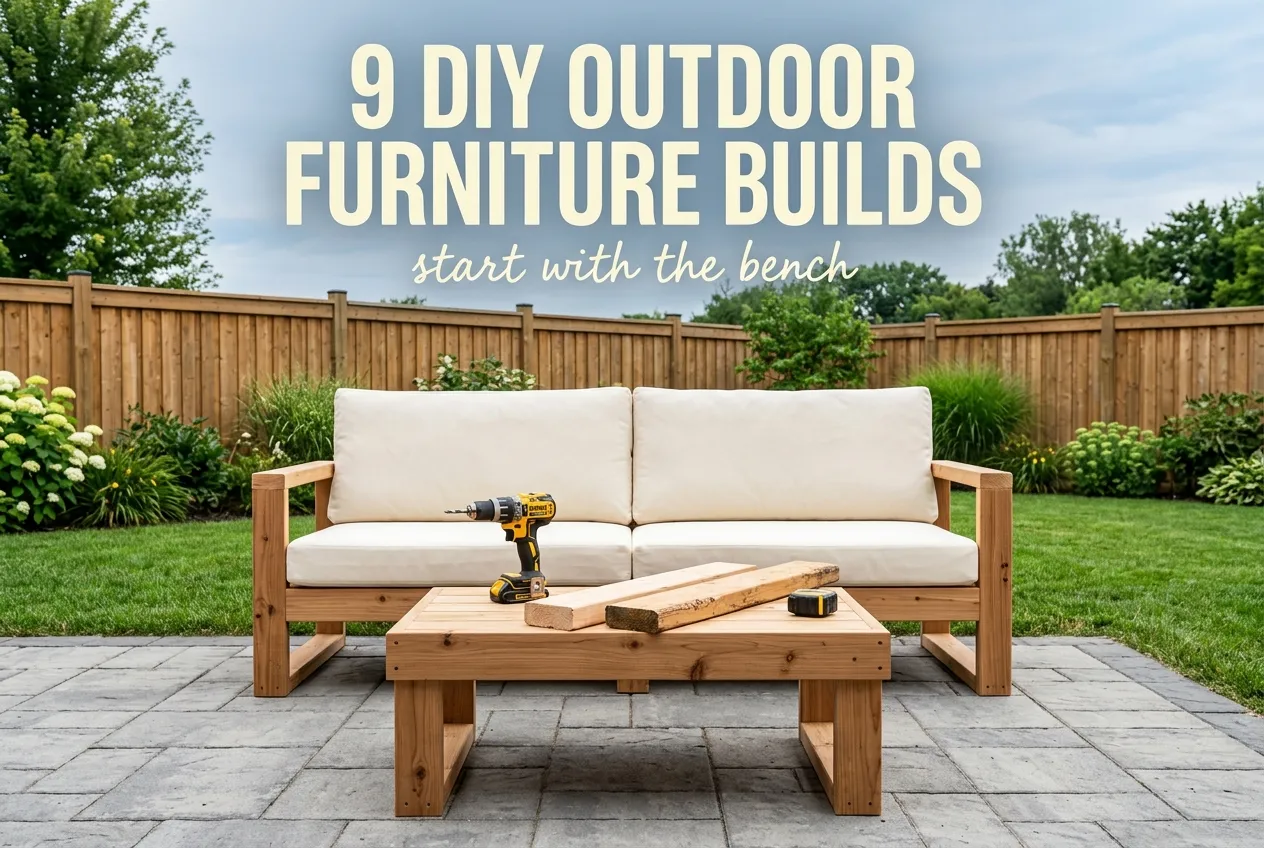 DIY outdoor furniture pin, 2x4 sofa and coffee table with bold overlay title