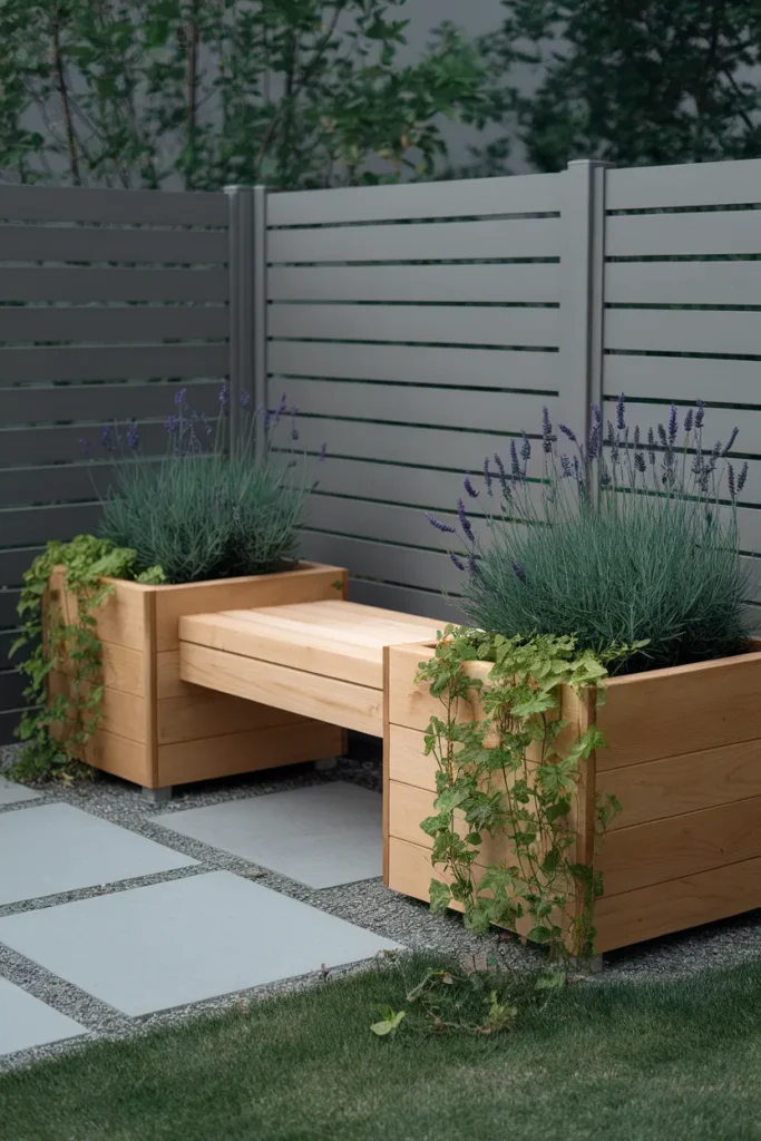 DIY outdoor furniture planter bench in cedar with lavender in both boxes