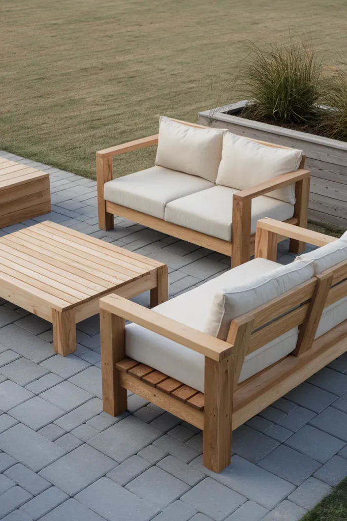 DIY outdoor furniture set of 2x4 bench, table, and sofa on a paver patio