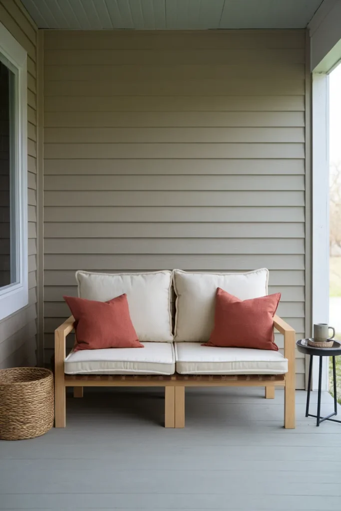 DIY outdoor furniture sofa with 24 inch cream cushions on a covered porch