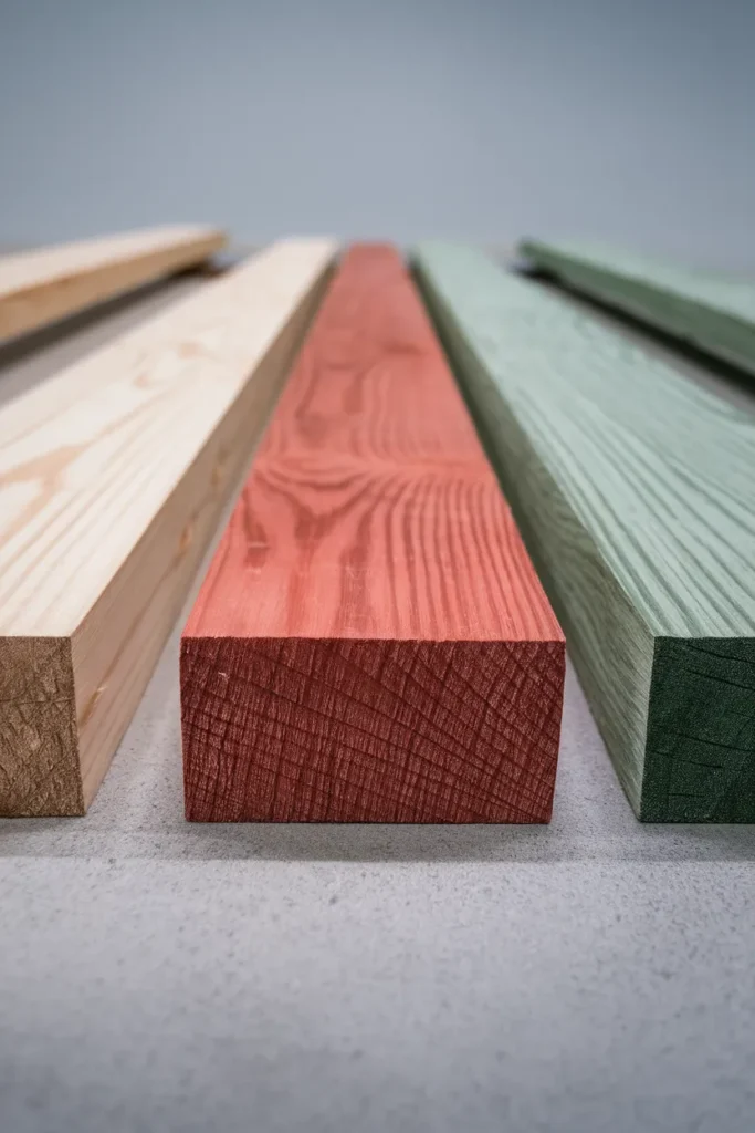 DIY outdoor furniture wood comparison, SPF pine, cedar, and pressure treated boards