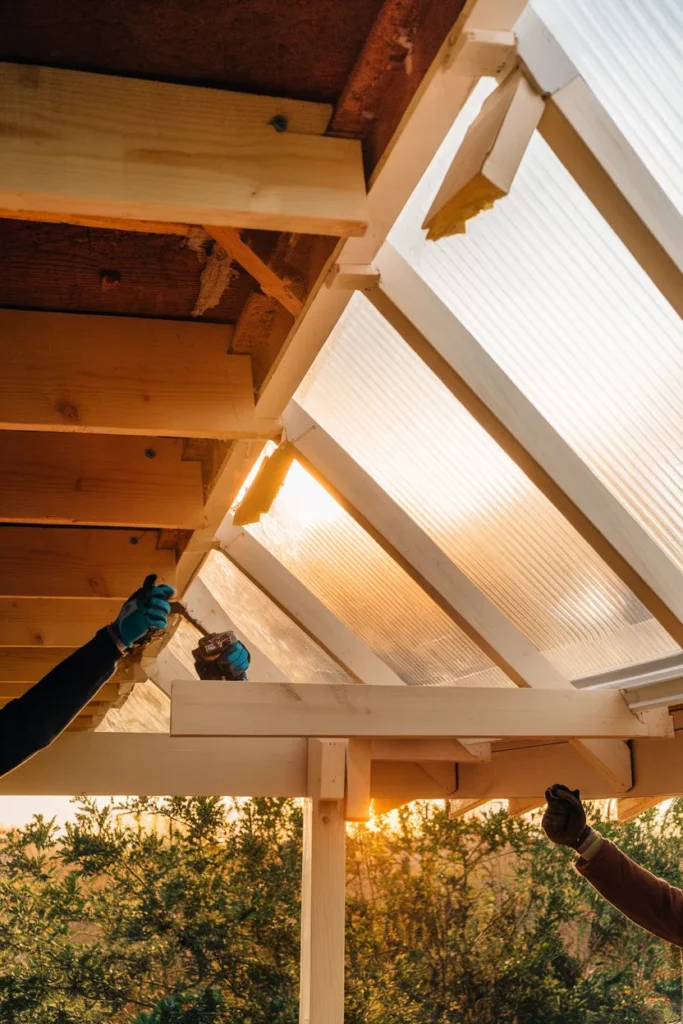 DIY under deck ceiling install, corrugated panel screwed to sloped purlins beneath deck joists