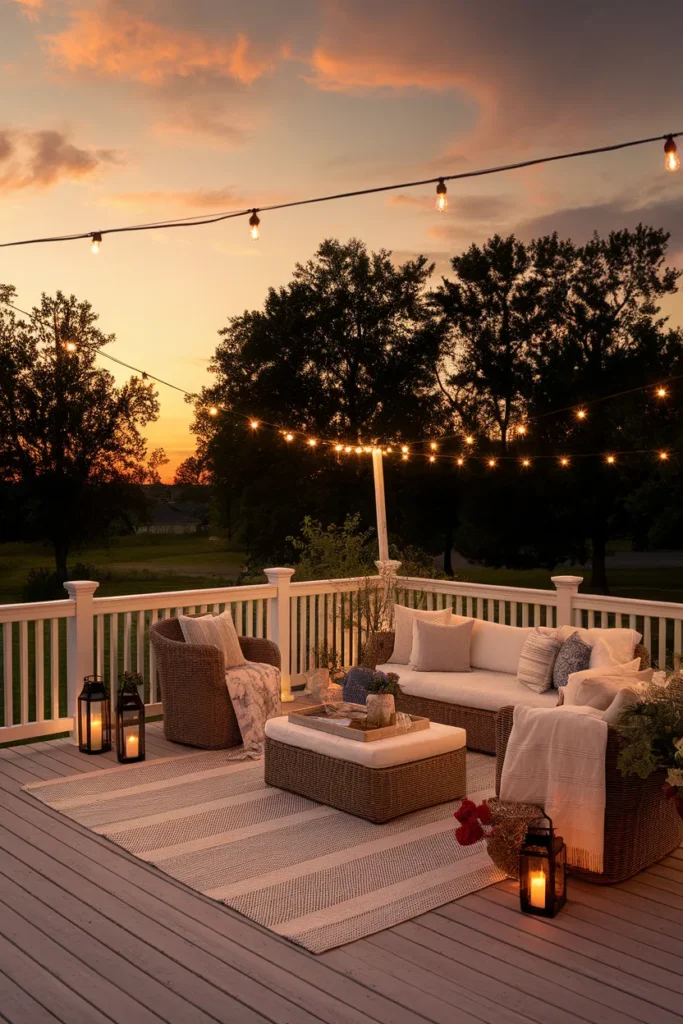 Deck furniture ideas at dusk a finished outdoor room glowing under string lights and a peach sunset