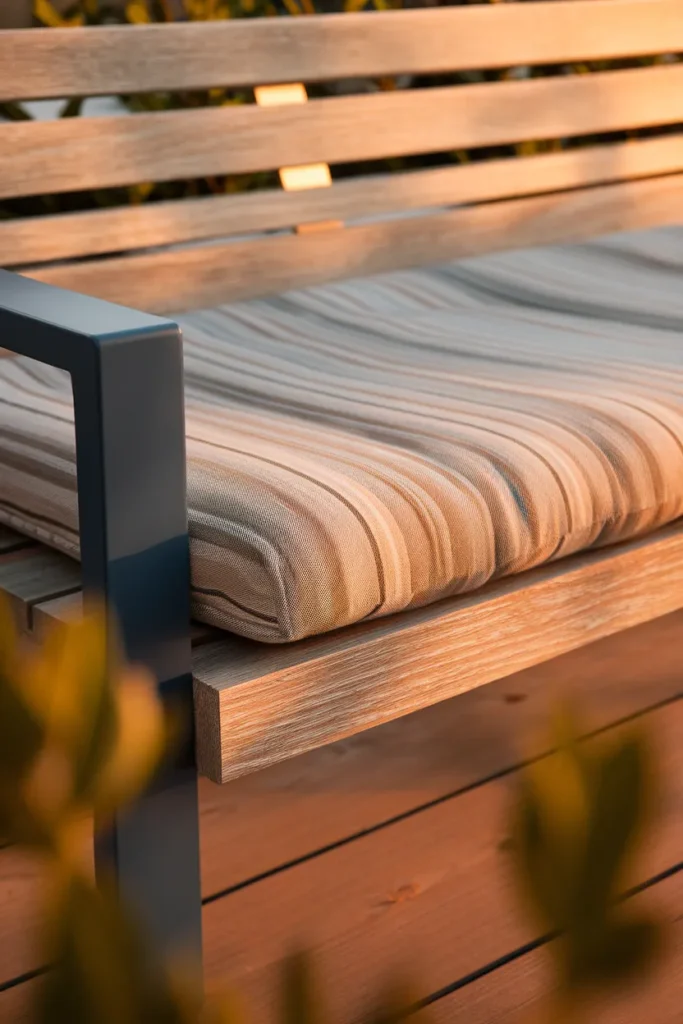 Deck furniture ideas by material weathered teak, poly lumber, and aluminum glowing at golden hour