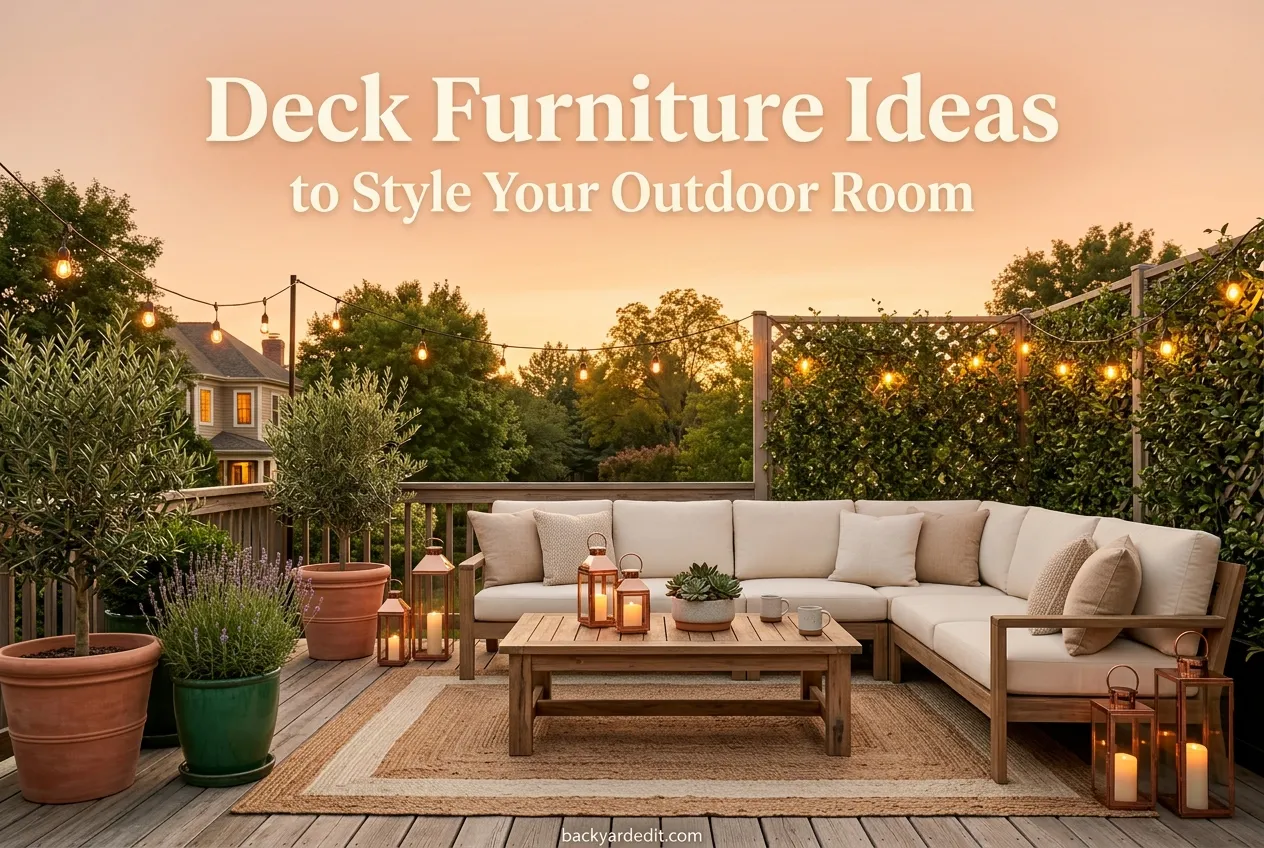 Deck furniture ideas featured pin, cozy golden hour outdoor room with bold overlay title text