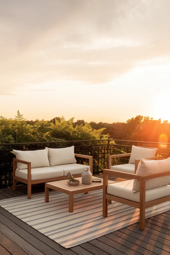 Deck furniture ideas for conversation U shaped outdoor sofa and chairs pulled off the railing at sunset