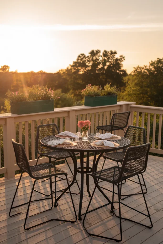 Deck furniture ideas for dining round table for four and a bar height rail counter in warm evening light