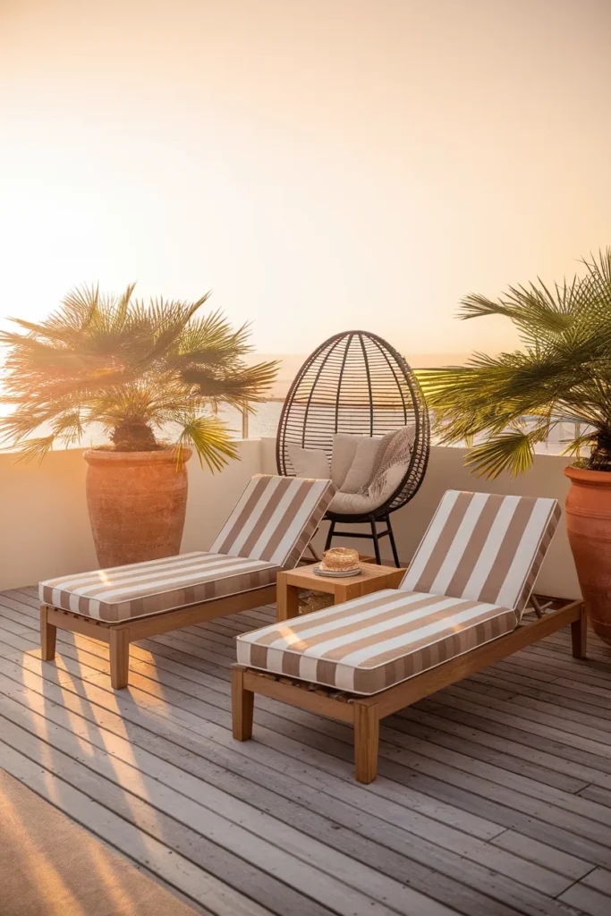 Deck furniture ideas for lounging twin chaises and a hanging egg chair in golden afternoon light