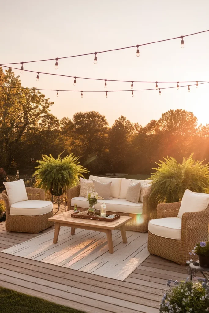 Deck furniture ideas hero golden hour outdoor room with wicker sofa, string lights, and emerald planters