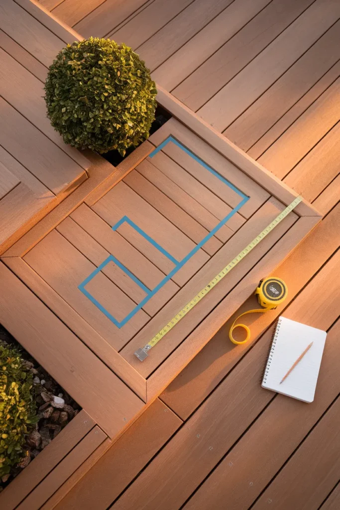 Deck furniture ideas start with measuring painter's tape marking a sofa footprint on golden deck boards