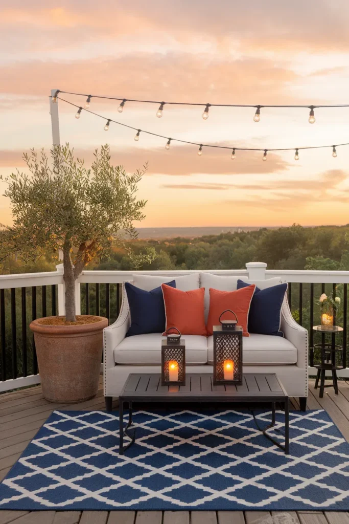 Deck furniture ideas styled like a room outdoor rug, tonal pillows, and cafe string lights overhead